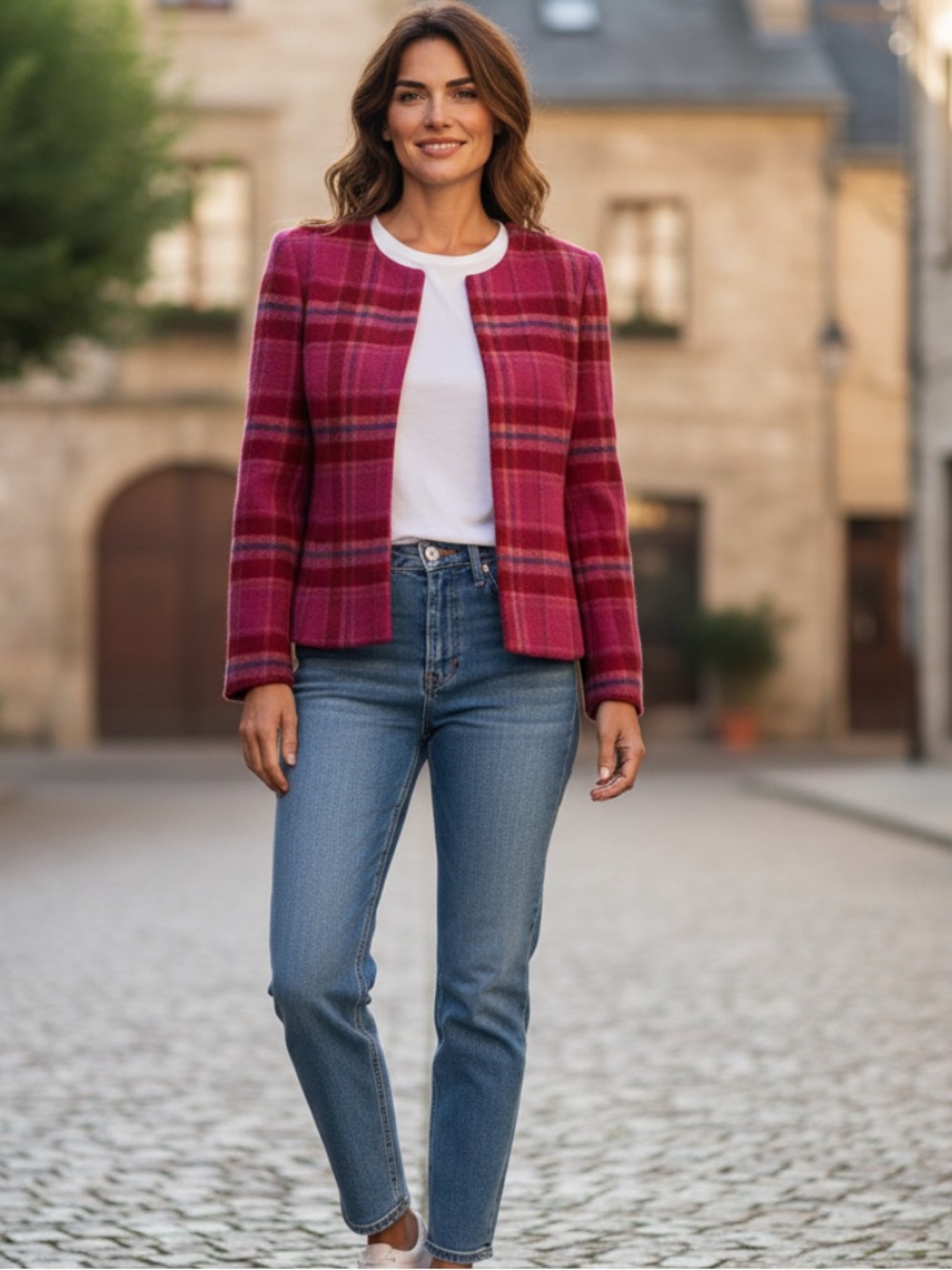 Nouveaux Pink Plaid Wool Blend Open Jacket Vintage Women's